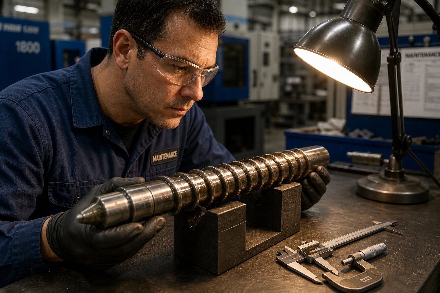 maintenance technician inspecting a pulled injection screw for wear patterns during a diagnostic troubleshooting session