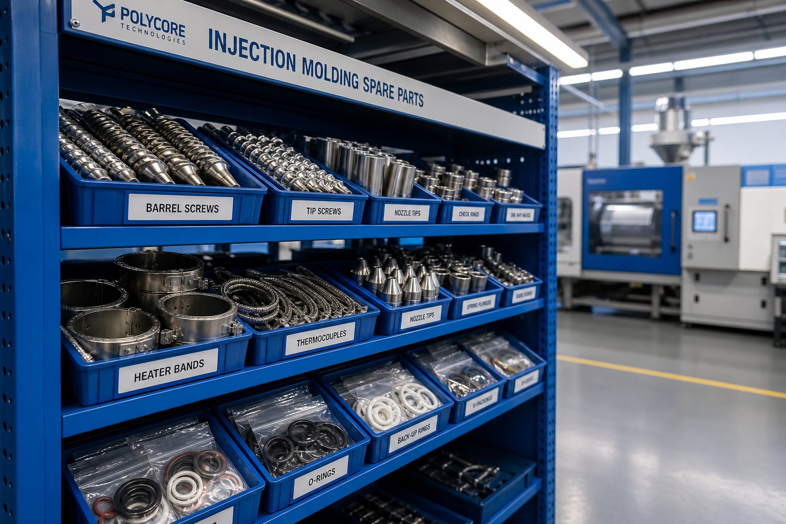 organized spare parts inventory shelf in an injection molding facility stocked with critical replacement components