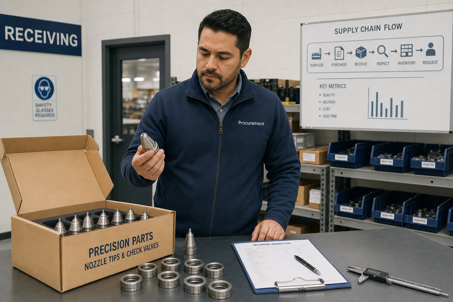 procurement specialist verifying incoming injection molding spare parts against quality specifications at a receiving station