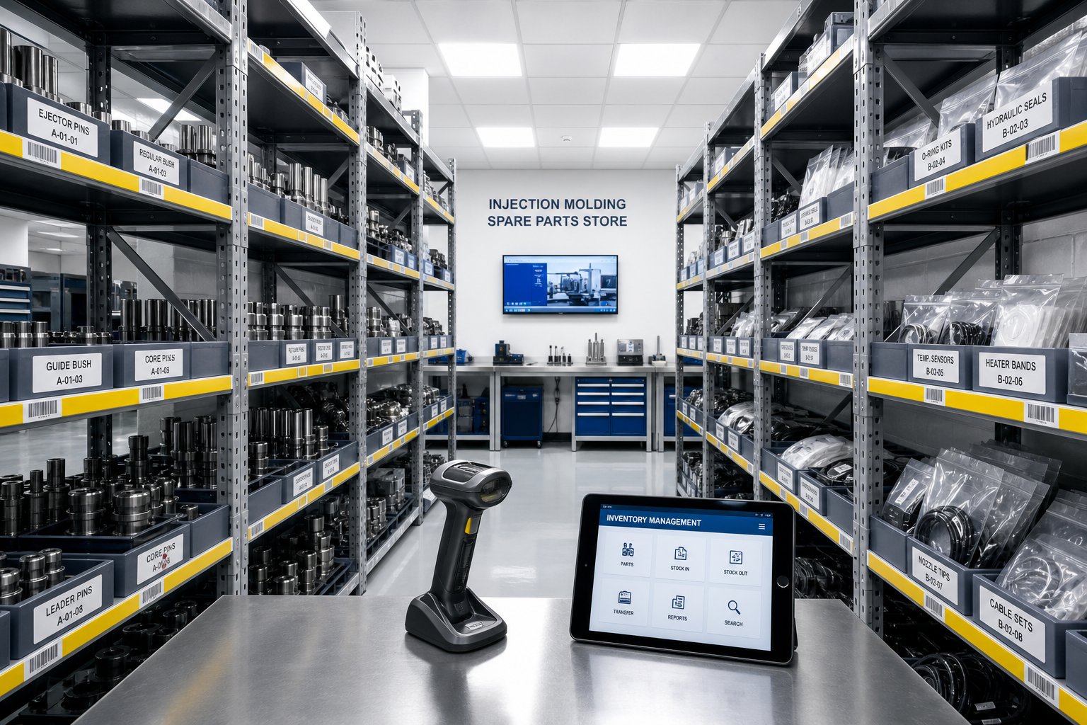 well organized climate controlled spare parts storeroom with labeled bins and digital inventory tracking in an injection molding plant