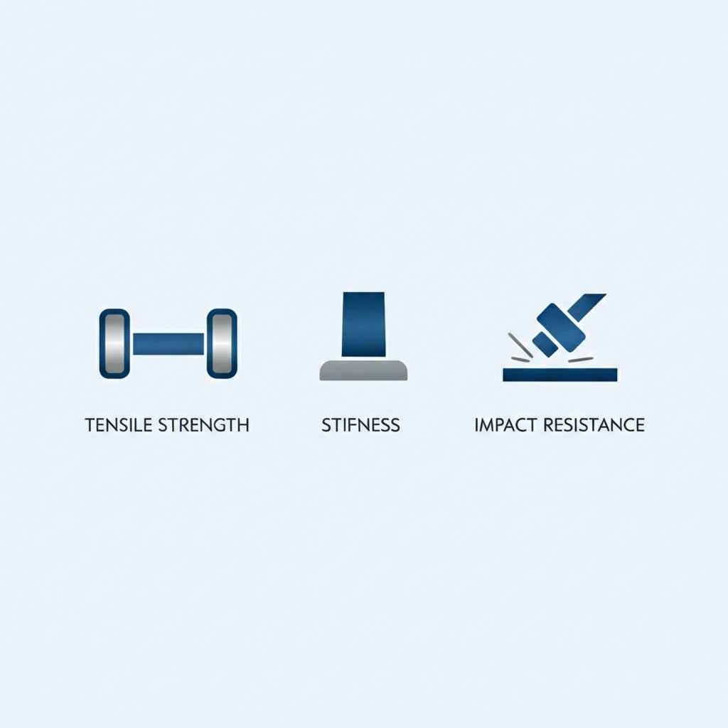 infographic illustrating the key mechanical properties for material comparison tensile strength stiffness and impact resistance