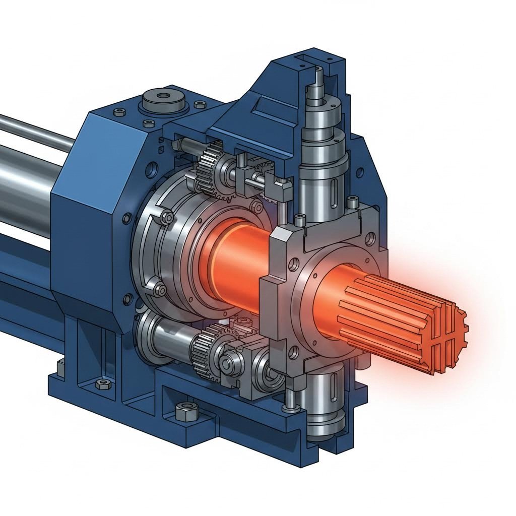 cross section view of an aluminum extrusion press showing the billet to profile transformation
