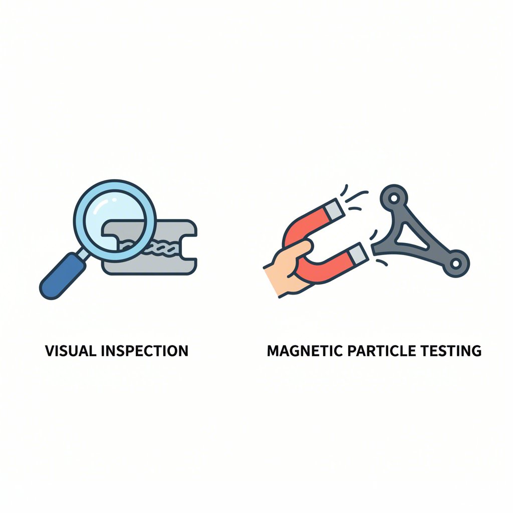 icons representing visual inspection and magnet test for control arm identification
