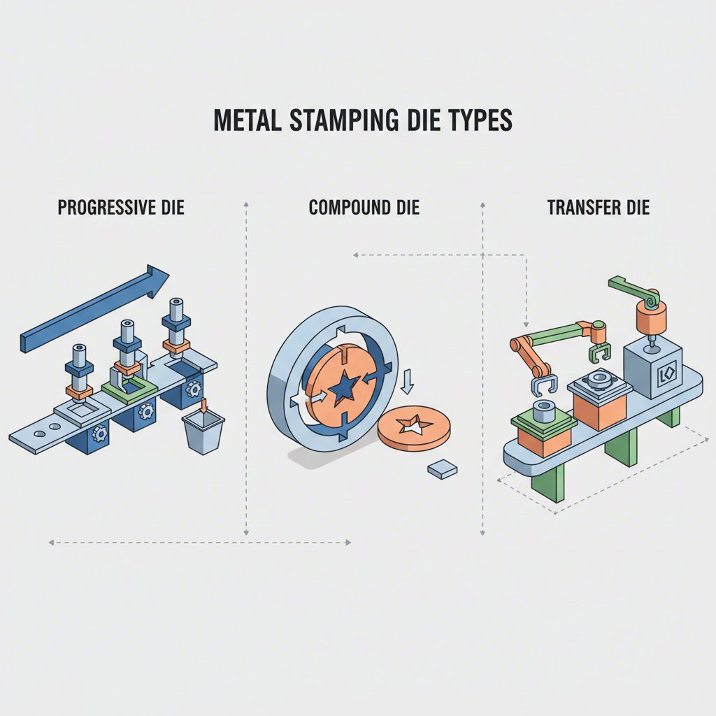 a diagram comparing the mechanisms of progressive compound and transfer dies