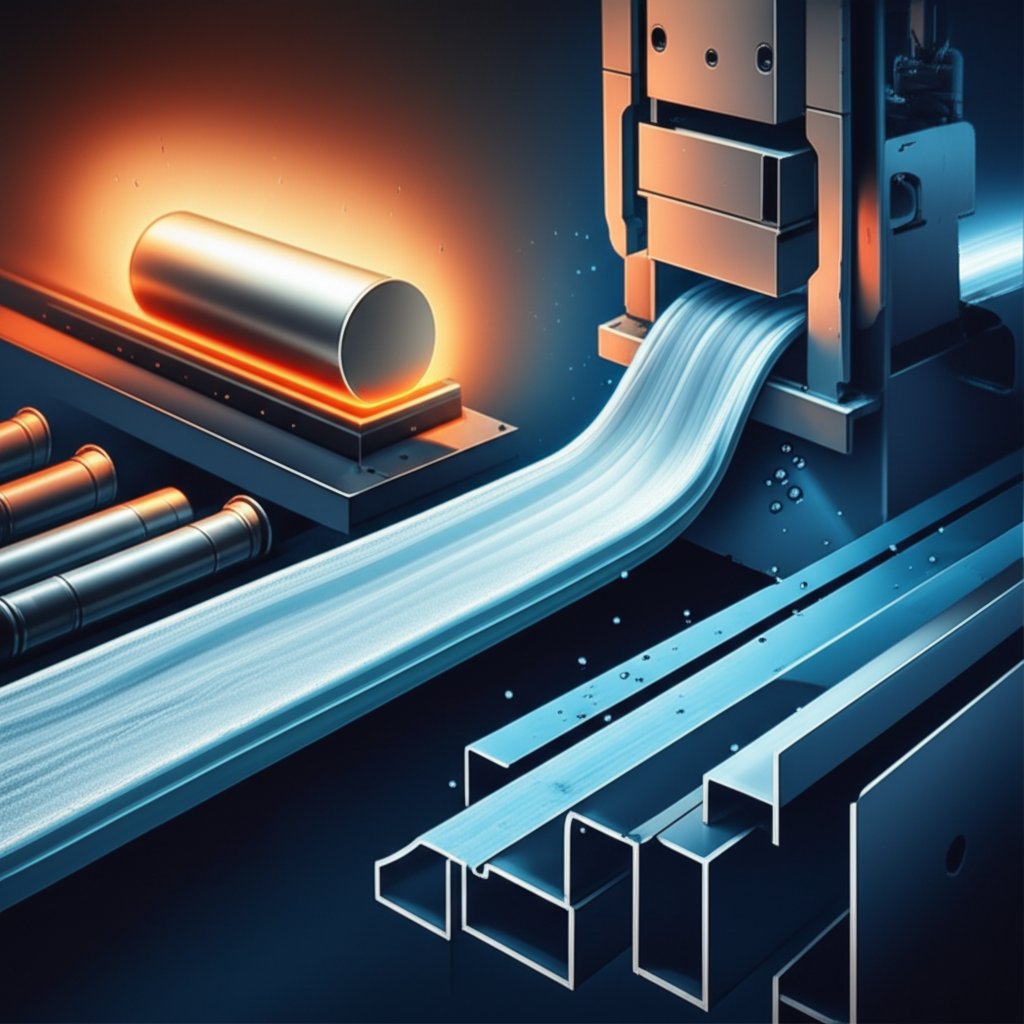 visual sequence of the aluminium extrusion process from billet to finished profile