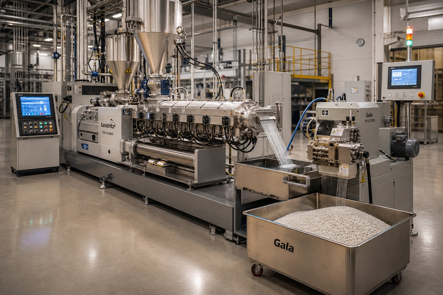 complete plastics compounding and pelletizing line powered by a co rotating twin screw extruder