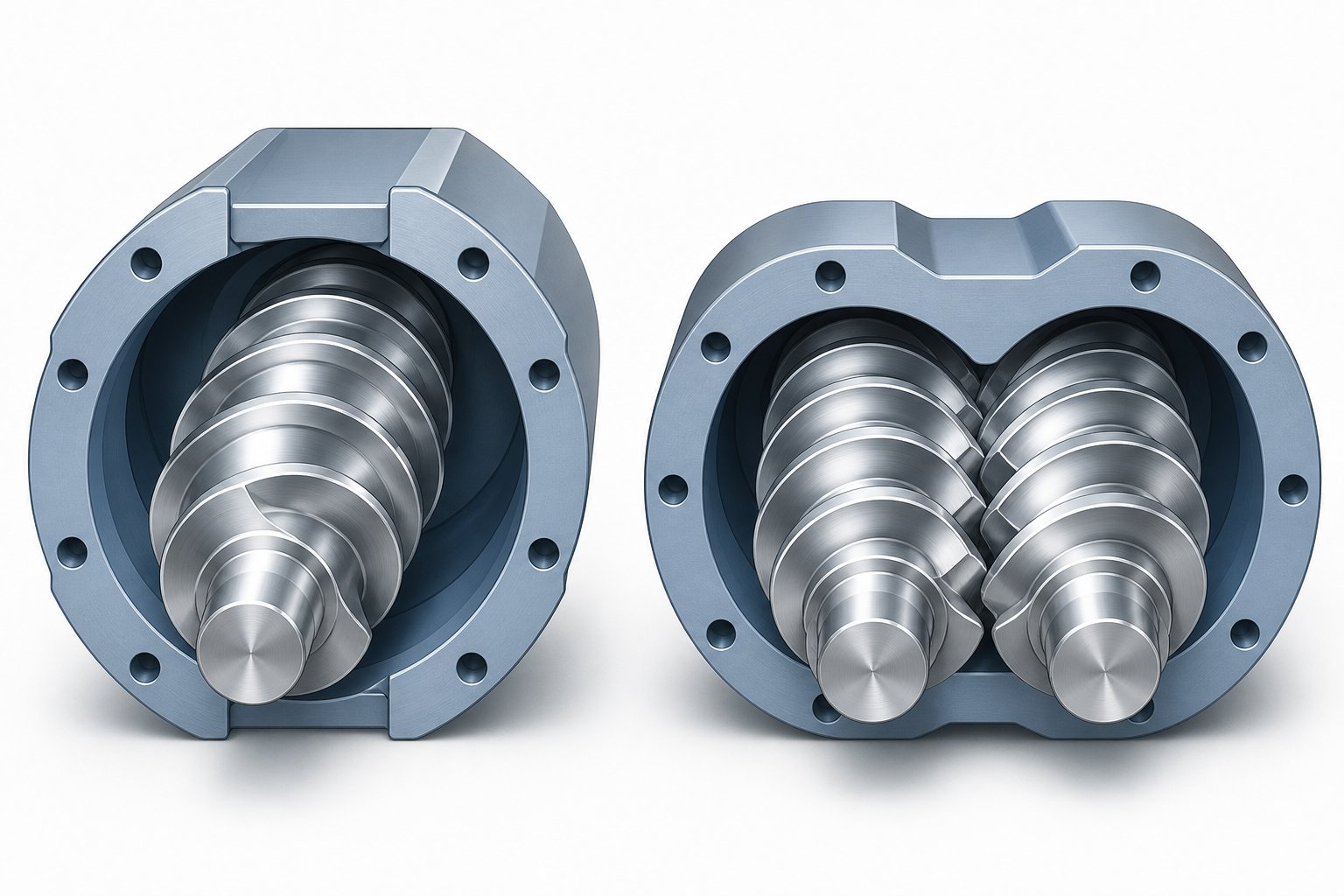 cross section comparison of single screw and twin screw extruder barrel configurations