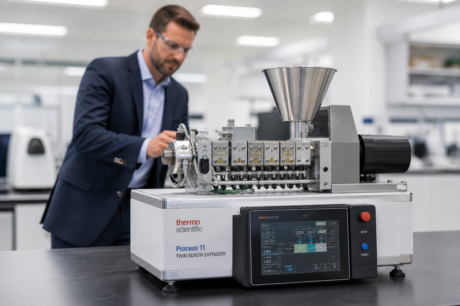 engineer evaluating a laboratory scale twin screw extruder for formulation trials before production scale commitment
