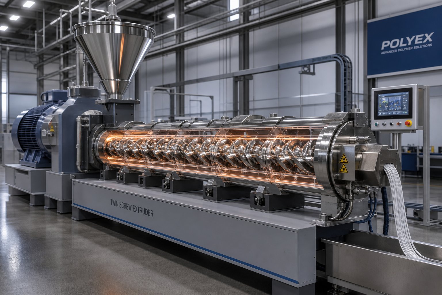 industrial twin screw extruder with visible screw geometry inside a heated barrel for polymer processing