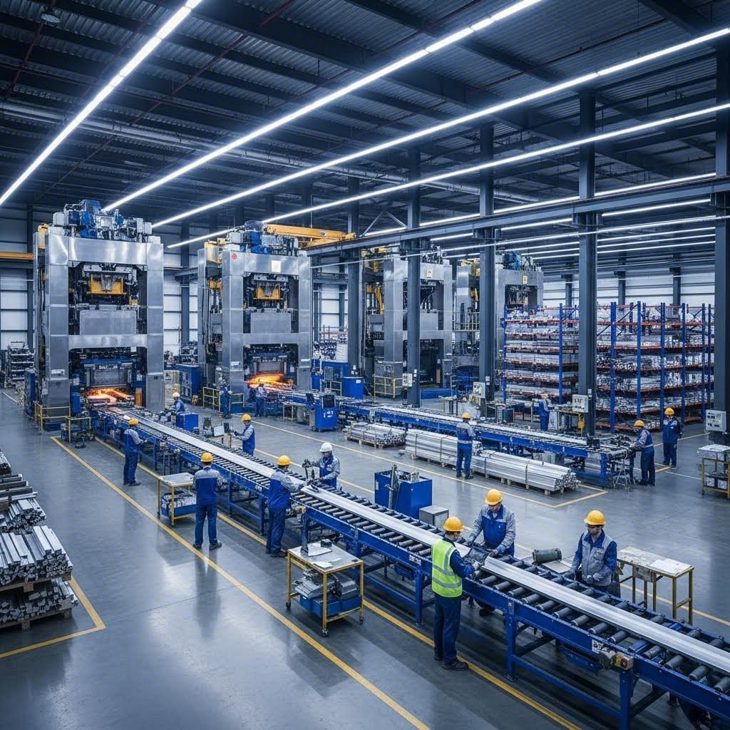 advanced aluminum extrusion manufacturing facility with industrial press equipment