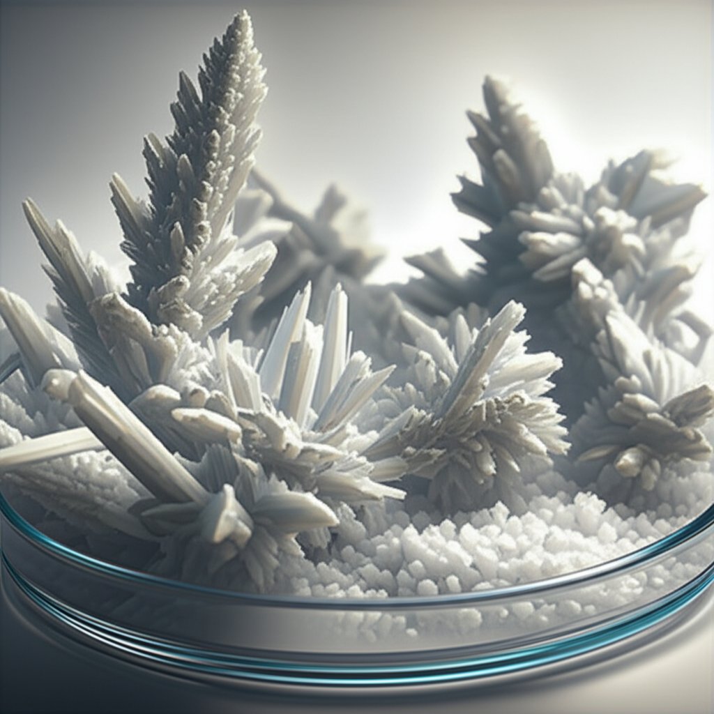 white crystalline aluminum sulfate displayed in a laboratory dish