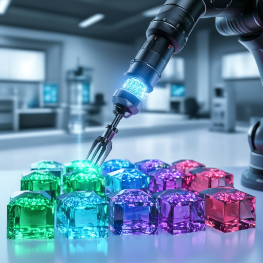 conceptual art of an advanced robotic arm choosing a cnc plastic material