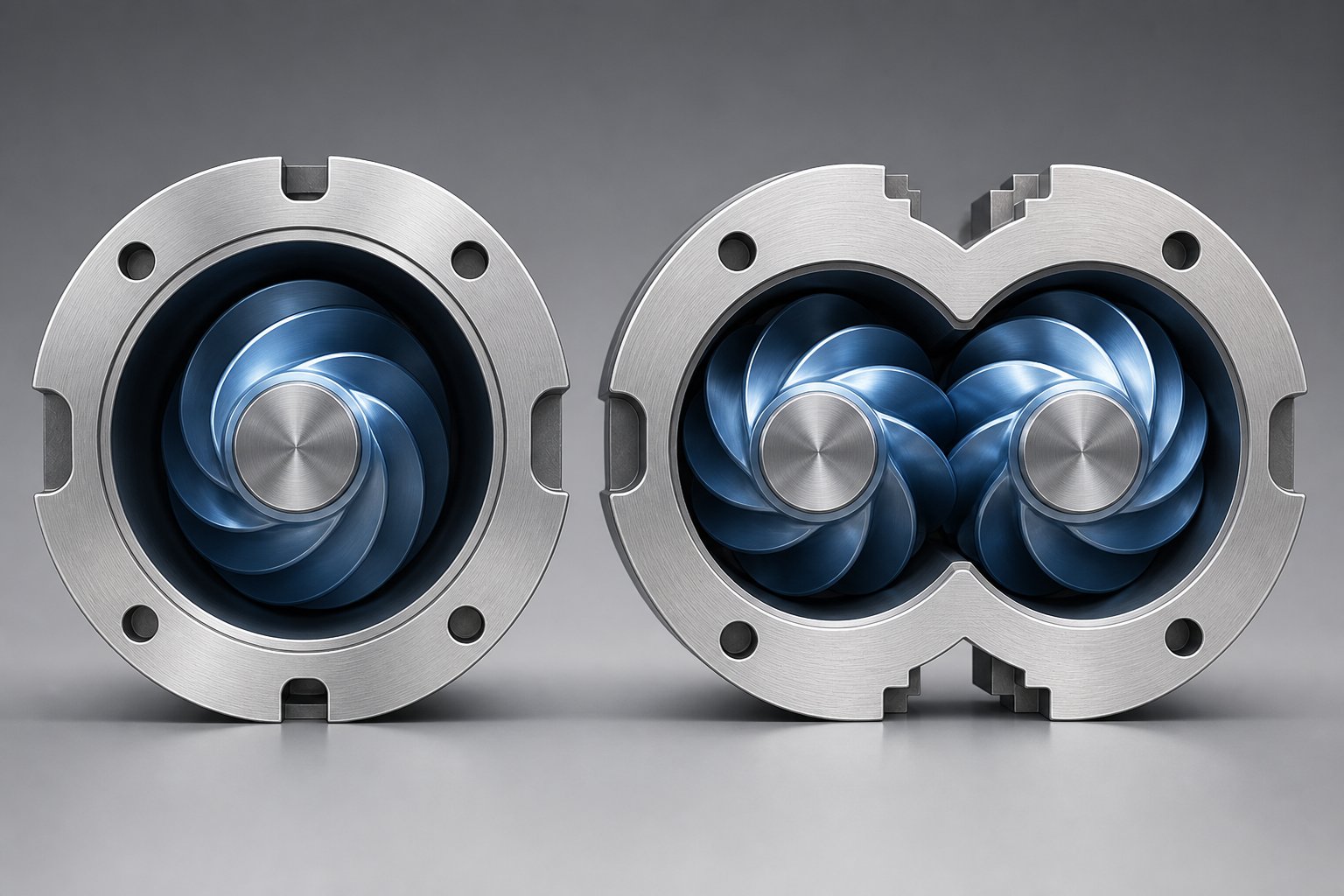 cross section comparison of single screw round bore versus twin screw figure eight bore geometry