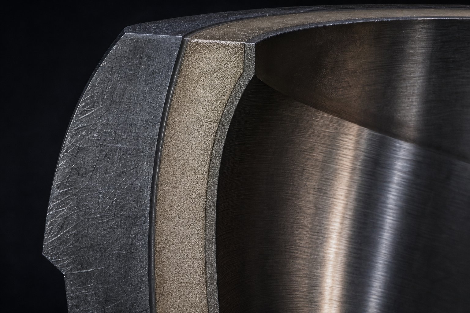 cross section of a bimetallic extruder barrel showing the wear resistant alloy liner bonded inside the steel shell