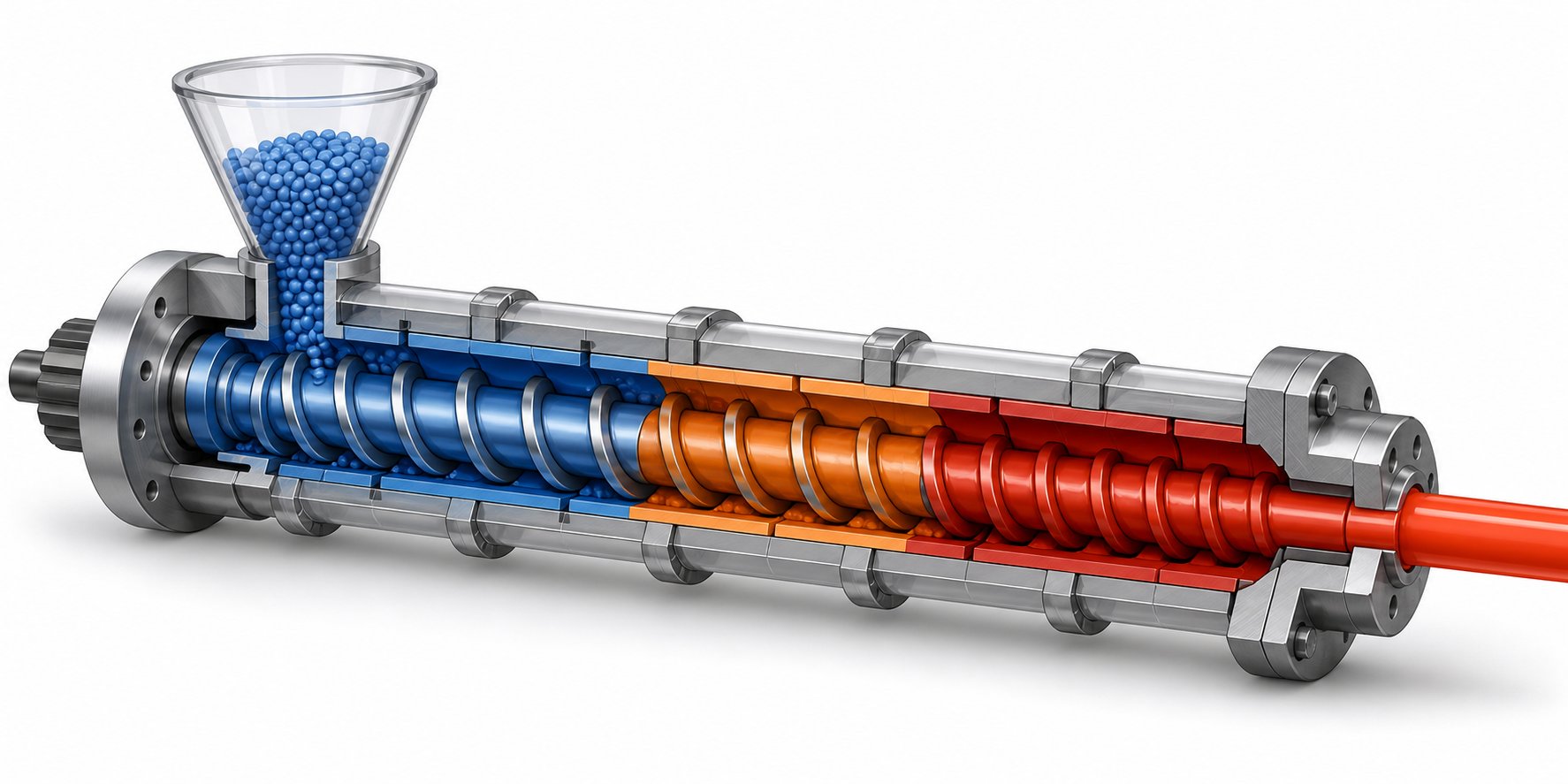 cutaway view of the three functional zones inside a single screw barrel feed compression and metering