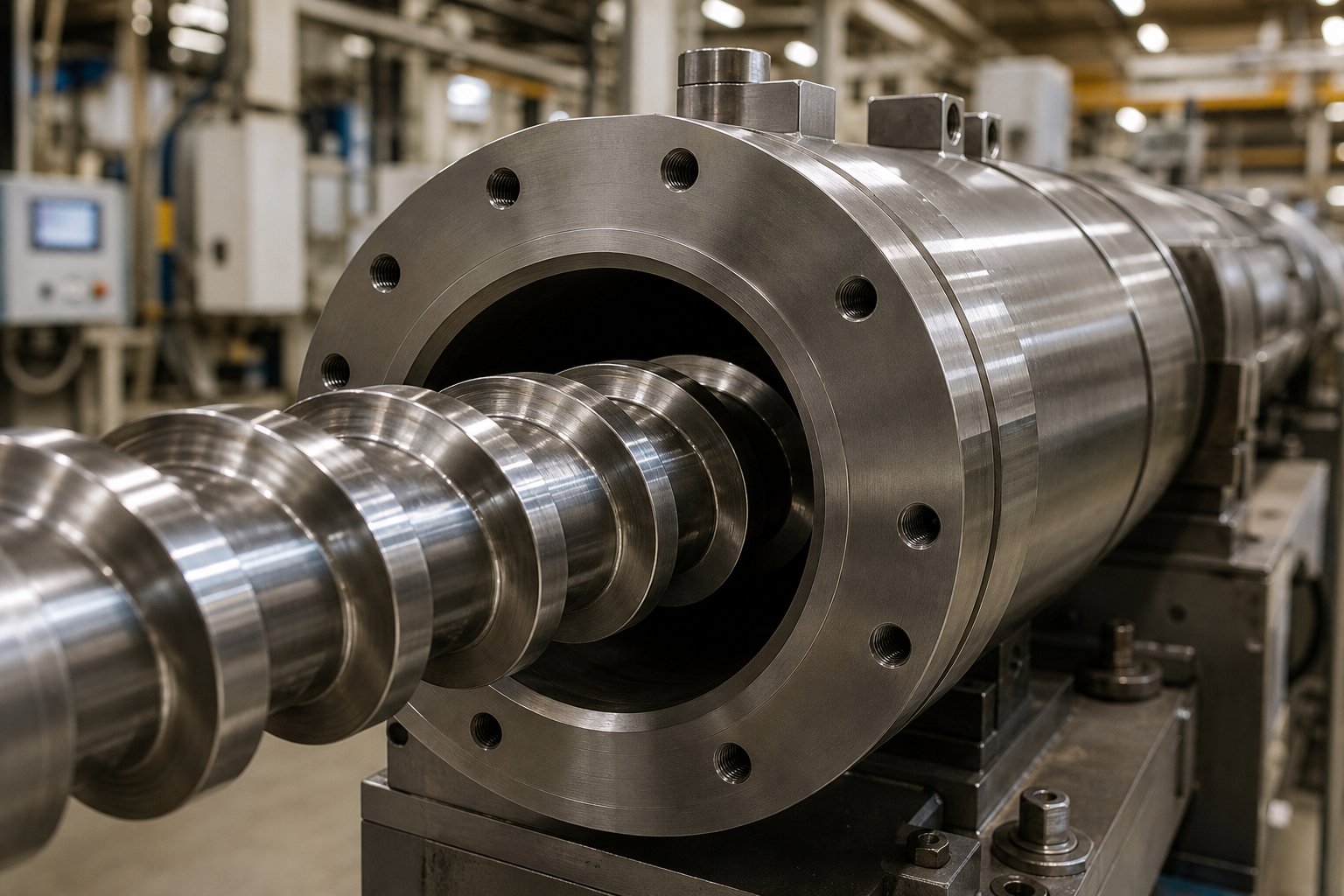 precision machined single screw barrel assembly showing the helical screw and hardened cylindrical housing used in plastics extrusion