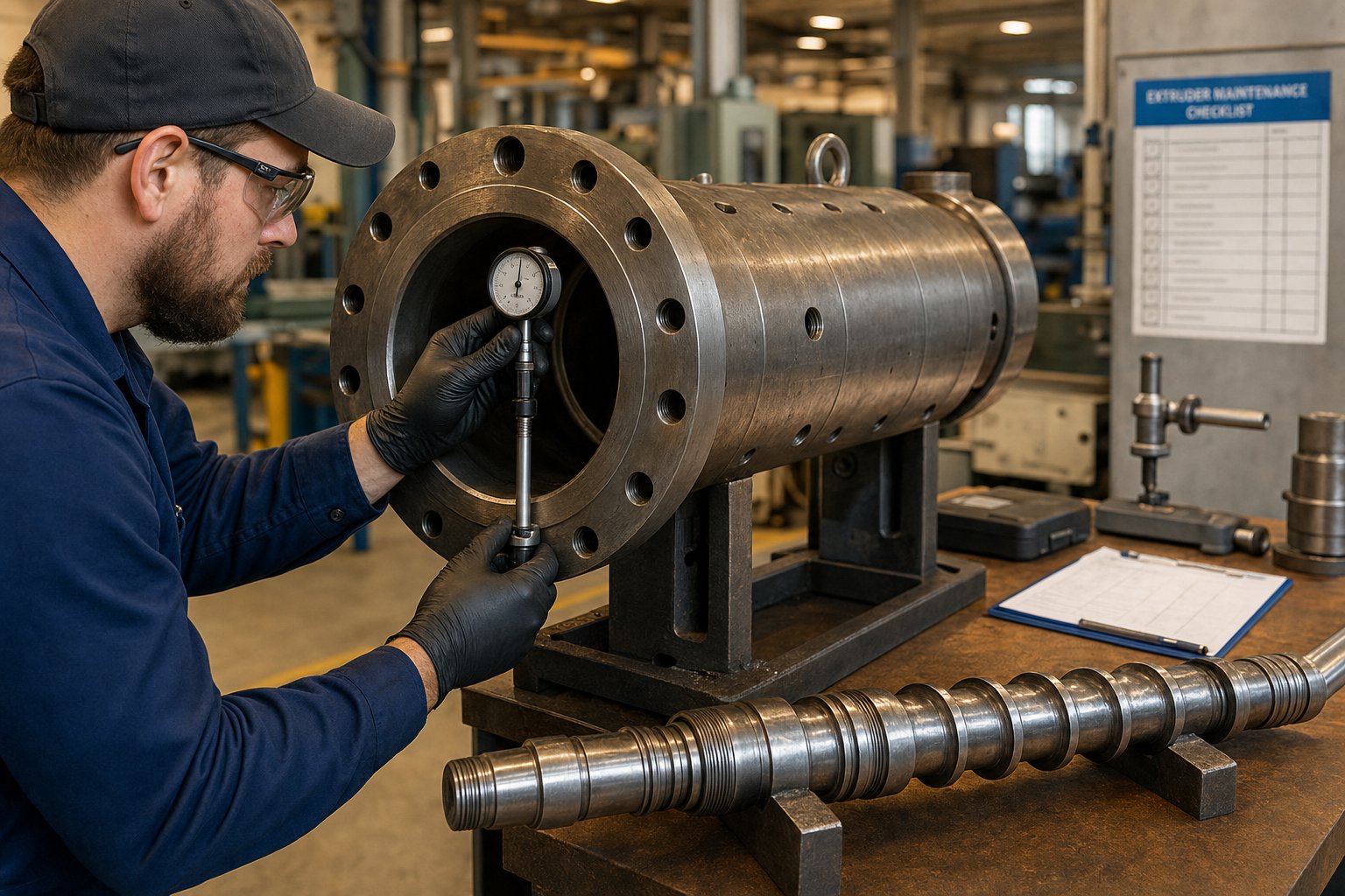 technician measuring barrel bore diameter during a scheduled preventive maintenance inspection