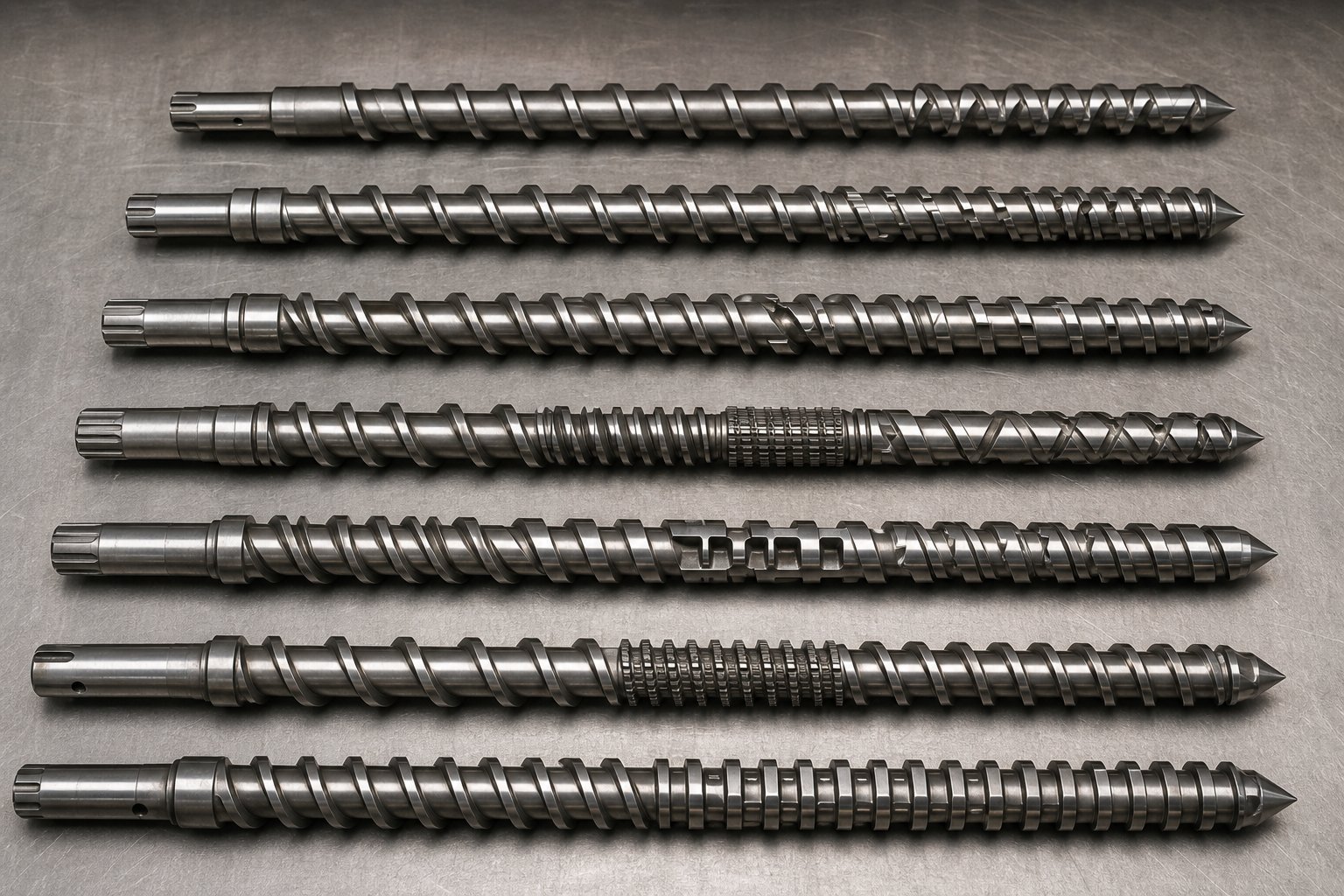 various specialized extruder screw geometries including barrier vented and mixing designs for different processing needs