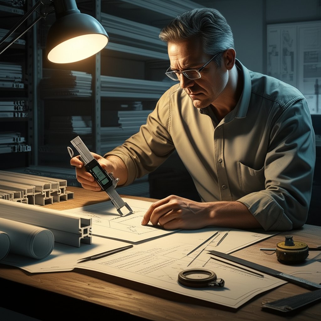 engineer reviewing aluminum extrusion profiles with technical data