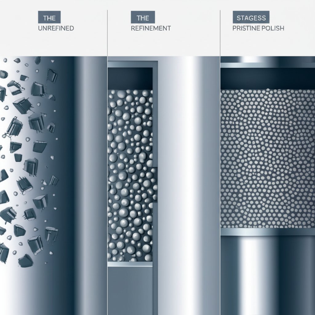 diagram showing the step by step process of vibratory finishing for die castings