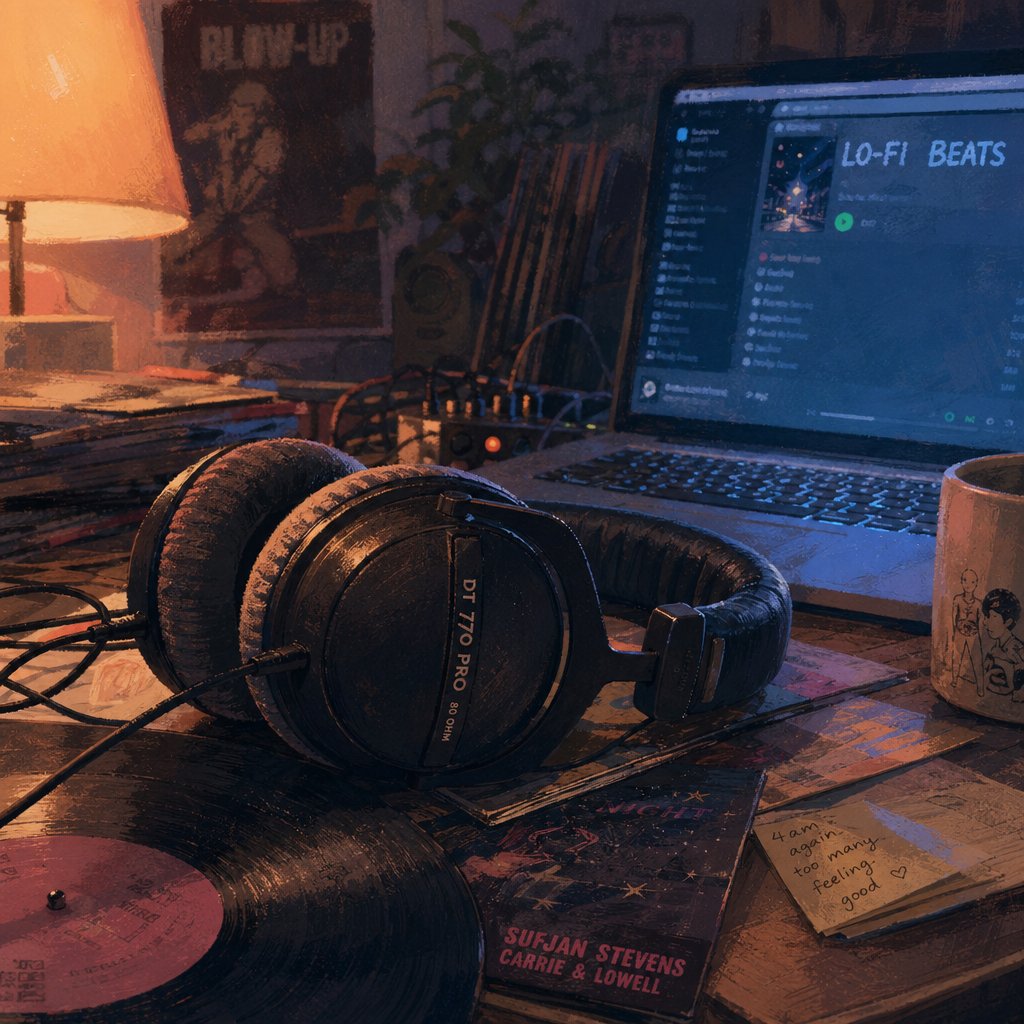 a bedroom listening setup surrounded by records capturing the intimate experience of discovering breakcore music