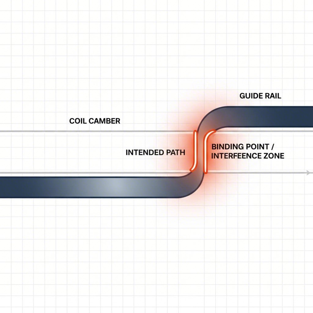 How coil camber causes binding against guide rails