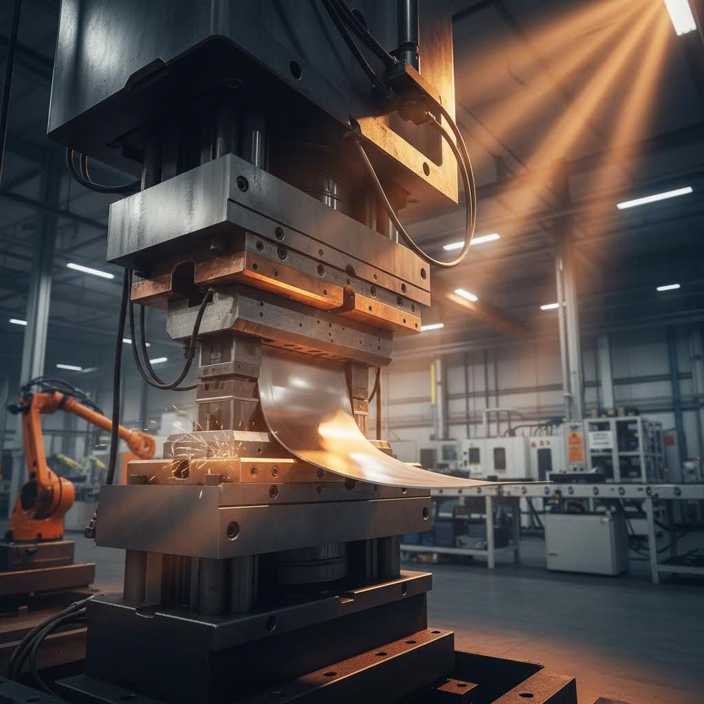industrial metal press transforming flat sheet metal into precision components through controlled force application