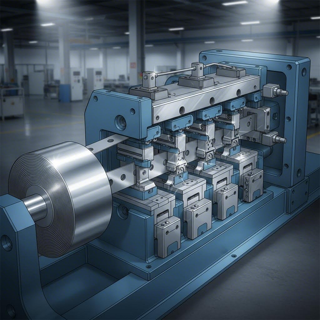 progressive die system showing sequential stamping stations that transform metal strips into finished parts
