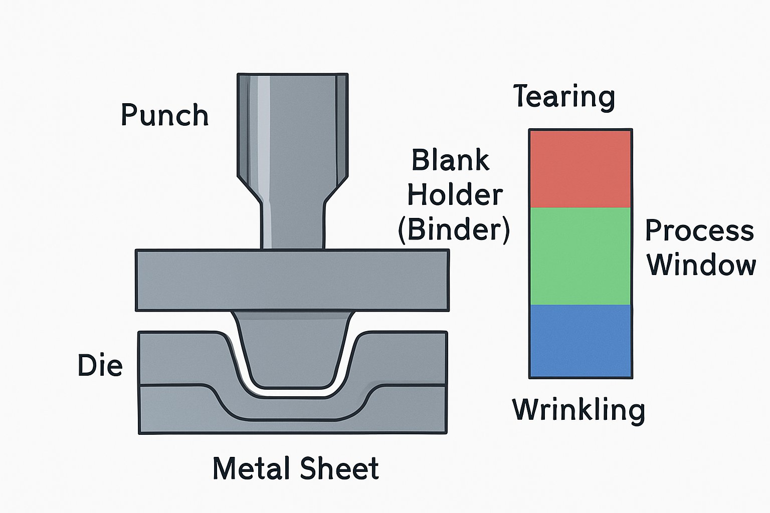 Cross section diagram illustrating the balance of Blank Holder Force between wrinkling and tearing