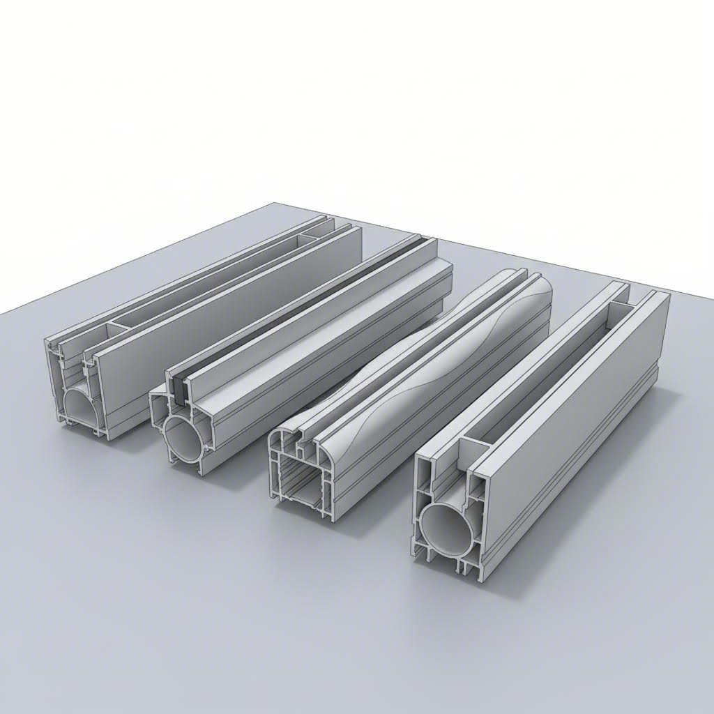 complex aluminum extrusion profiles showing hollow sections and varying wall thicknesses