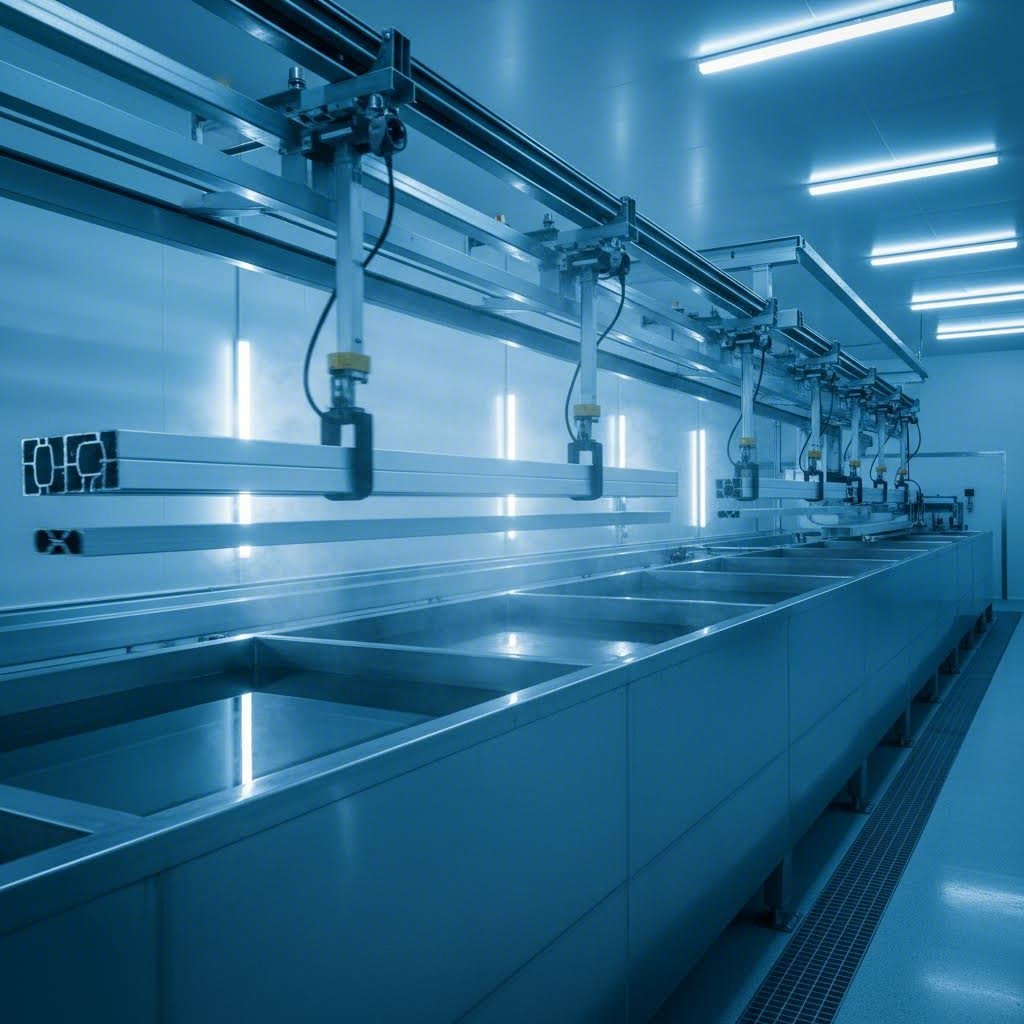 multi stage chemical pretreatment line preparing aluminum extrusions for coating application