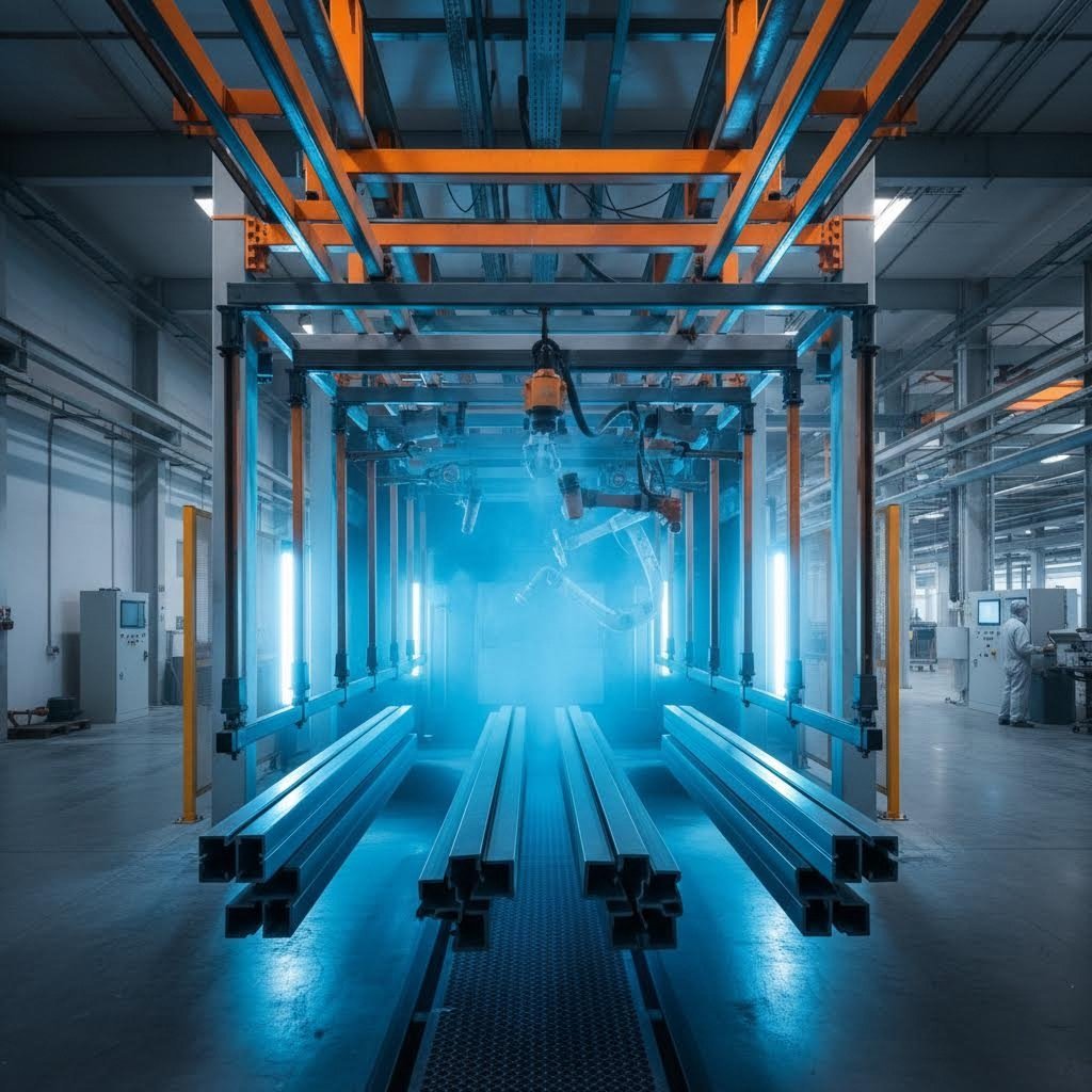 professional powder coating application on aluminum extrusion profiles in an industrial finishing facility