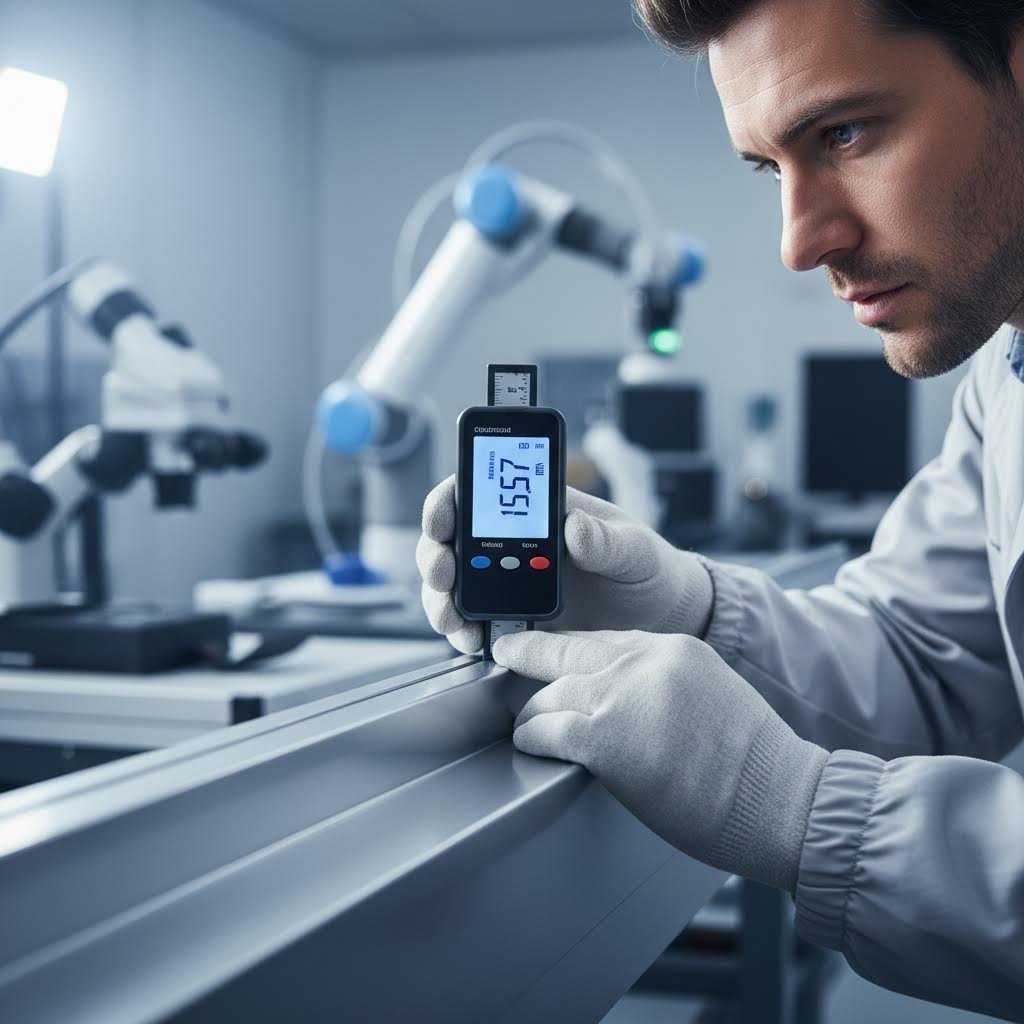 quality inspection technician measuring coating thickness on finished aluminum extrusion