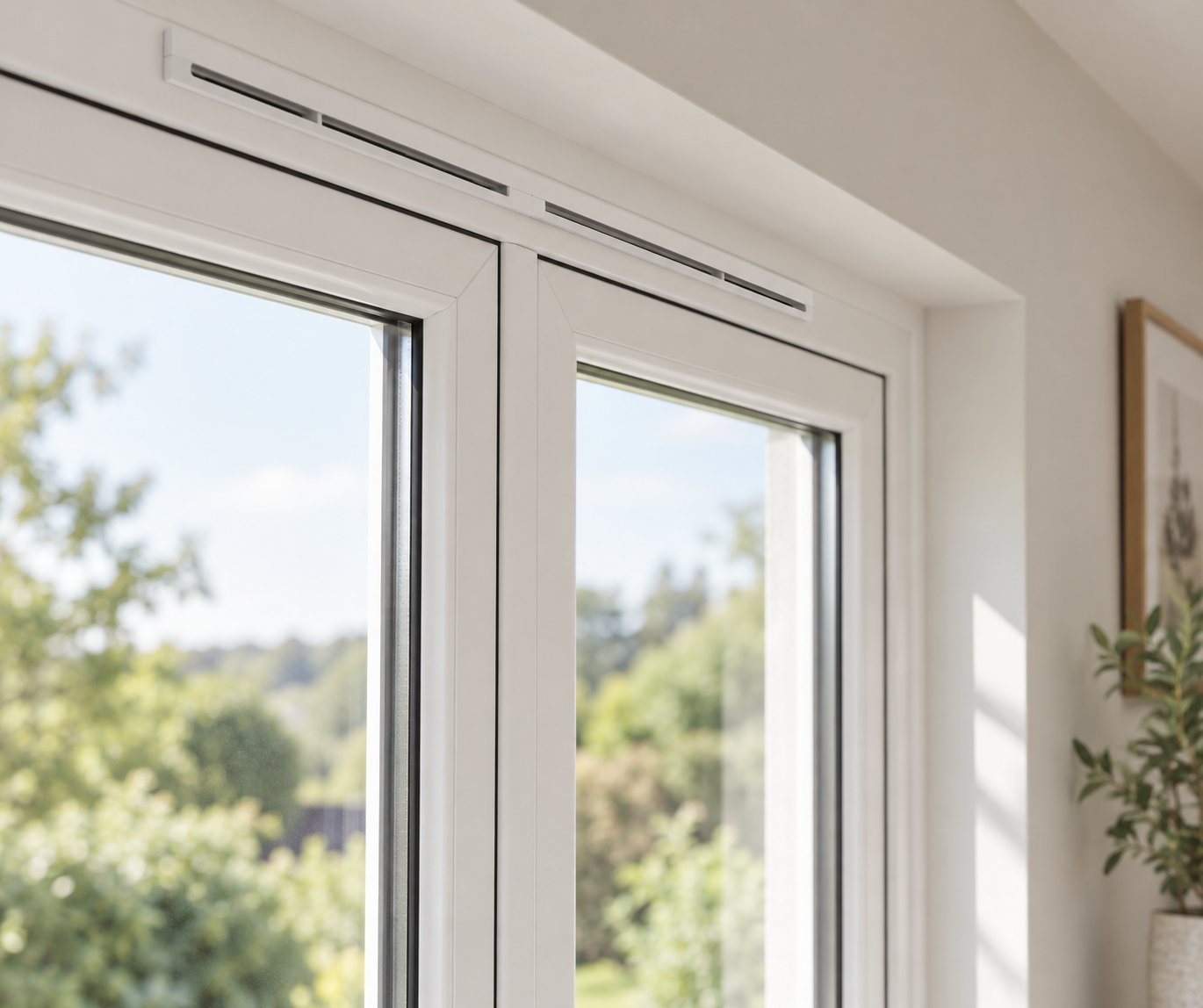 a slimline trickle vent integrated into a modern upvc window frame delivering discreet background ventilation without disrupting clean sightlines