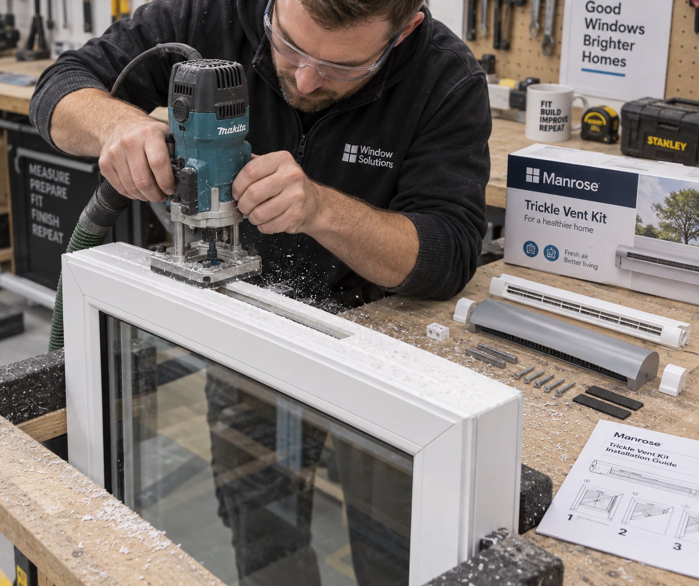 an installer routing a ventilation slot into a upvc window frame head before fitting slimline trickle vent canopy components