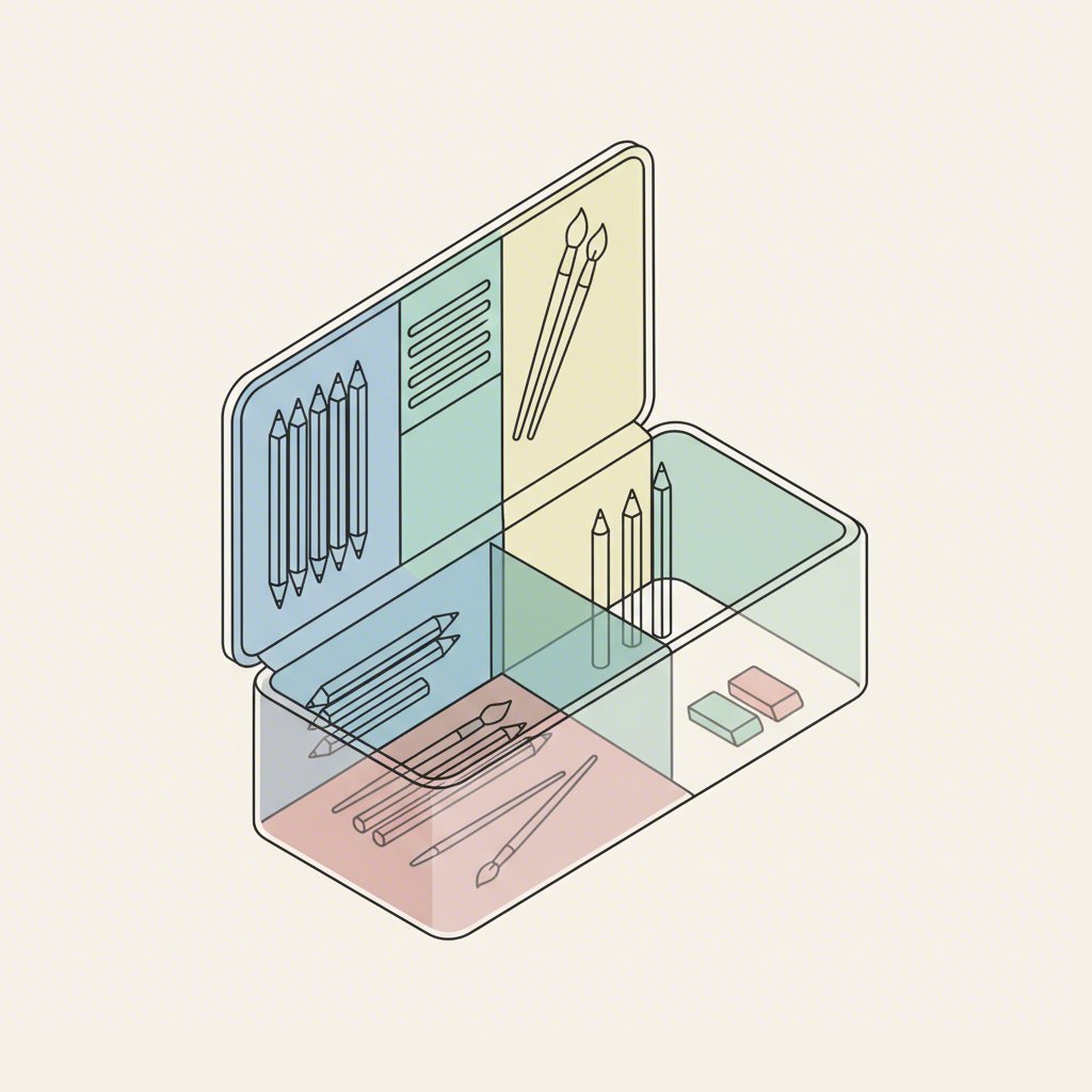 a conceptual diagram of a zoned and organized pencil pouch