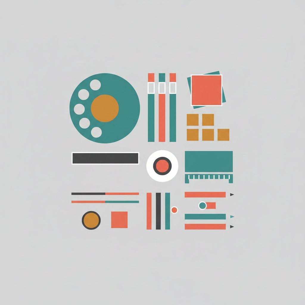 an abstract organized layout of shapes representing artist tools