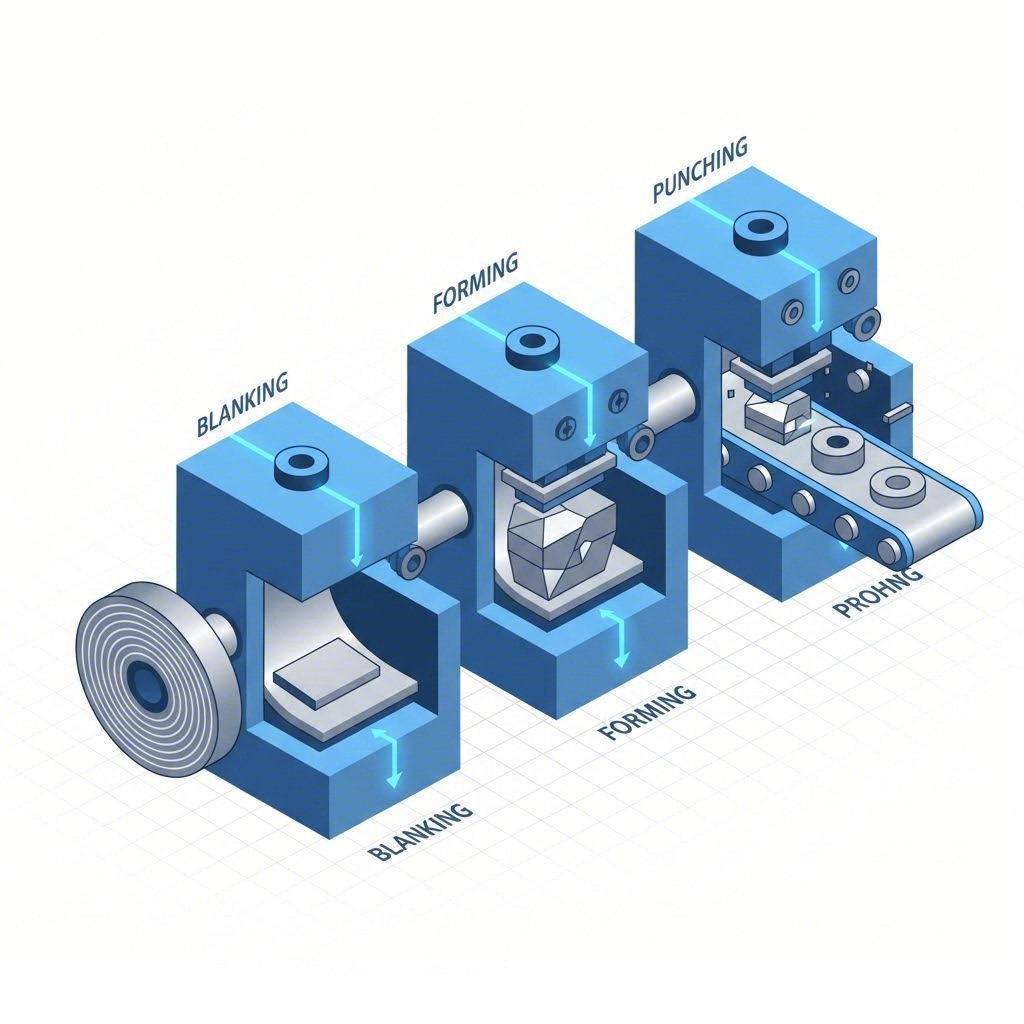 Diagram of the progressive die stamping process transforming steel coils into suspension components
