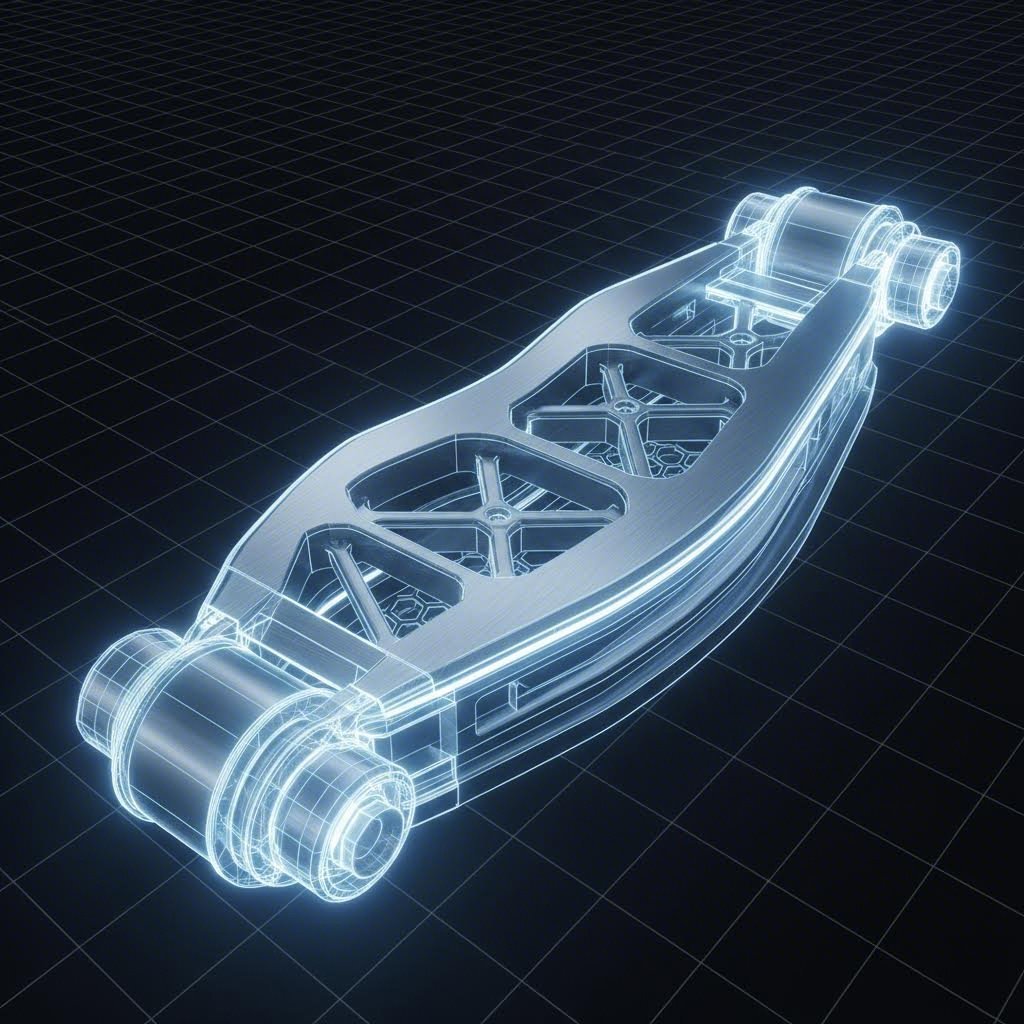 Digital blueprint visualization of a stamped steel control arm within a vehicle suspension system