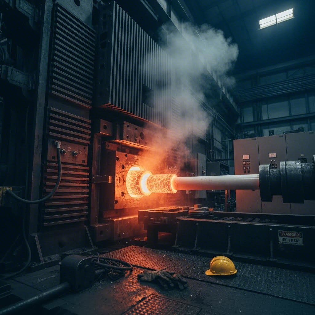 heated aluminum billet being forced through extrusion die under hydraulic pressure