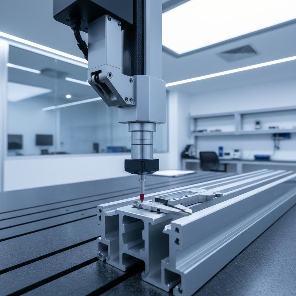 quality control inspection measuring dimensional tolerances on aluminum profile