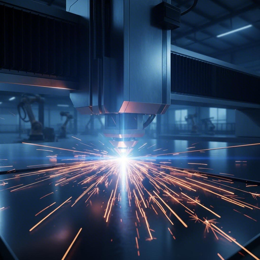 industrial fiber laser cutting machine precisely processing steel sheet with dramatic spark effects