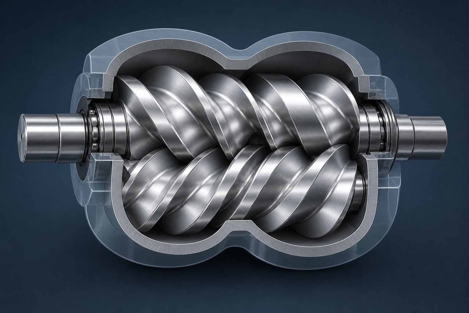 cutaway view of twin screw geometry showing intermeshing flight profiles inside a figure eight barrel bore