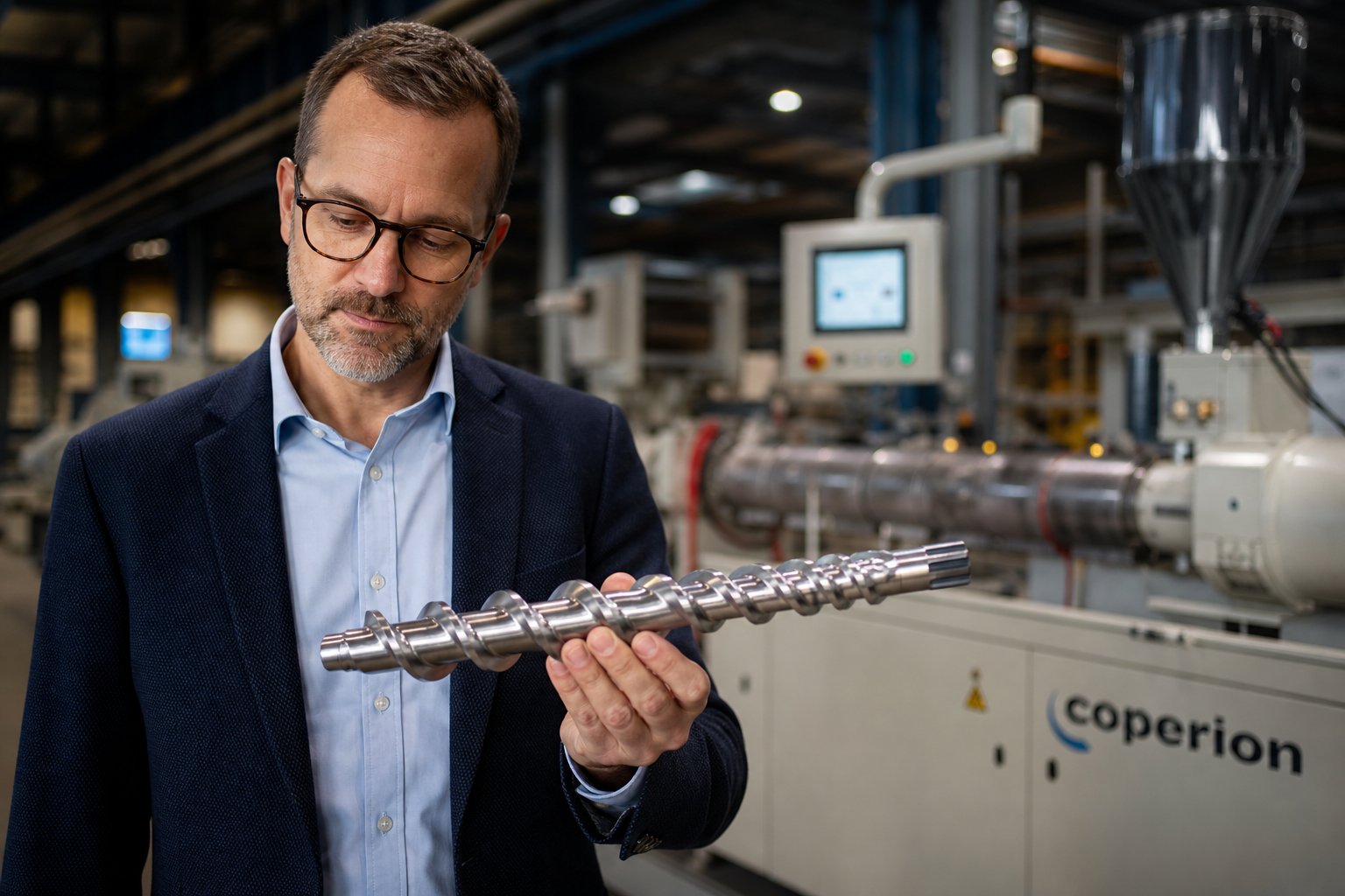 engineer evaluating screw element geometry for custom process optimization on a twin screw extruder