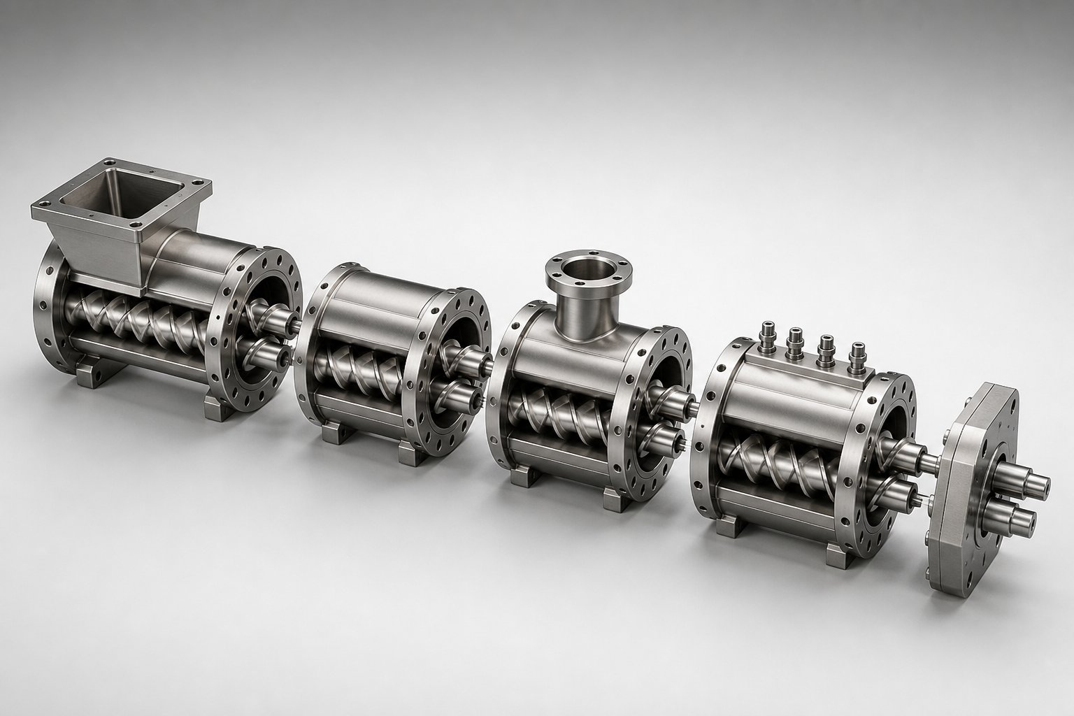 modular barrel segment configurations showing feed closed side feed and venting sections