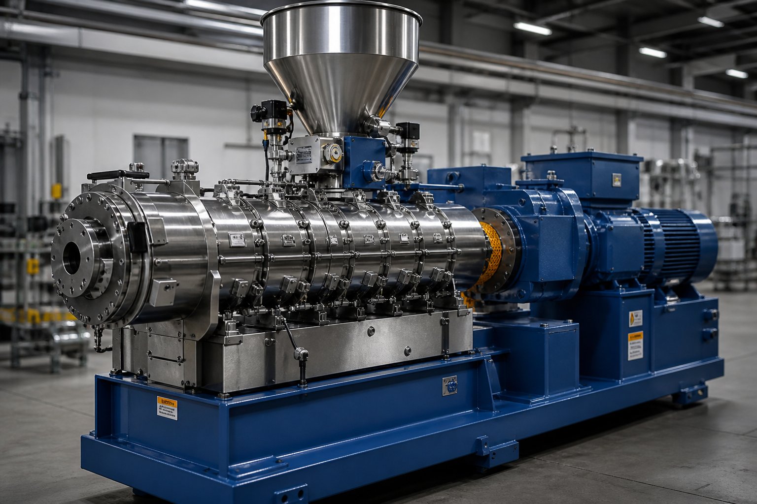twin screw extruder showing key specification areas barrel assembly gearbox and motor drive system