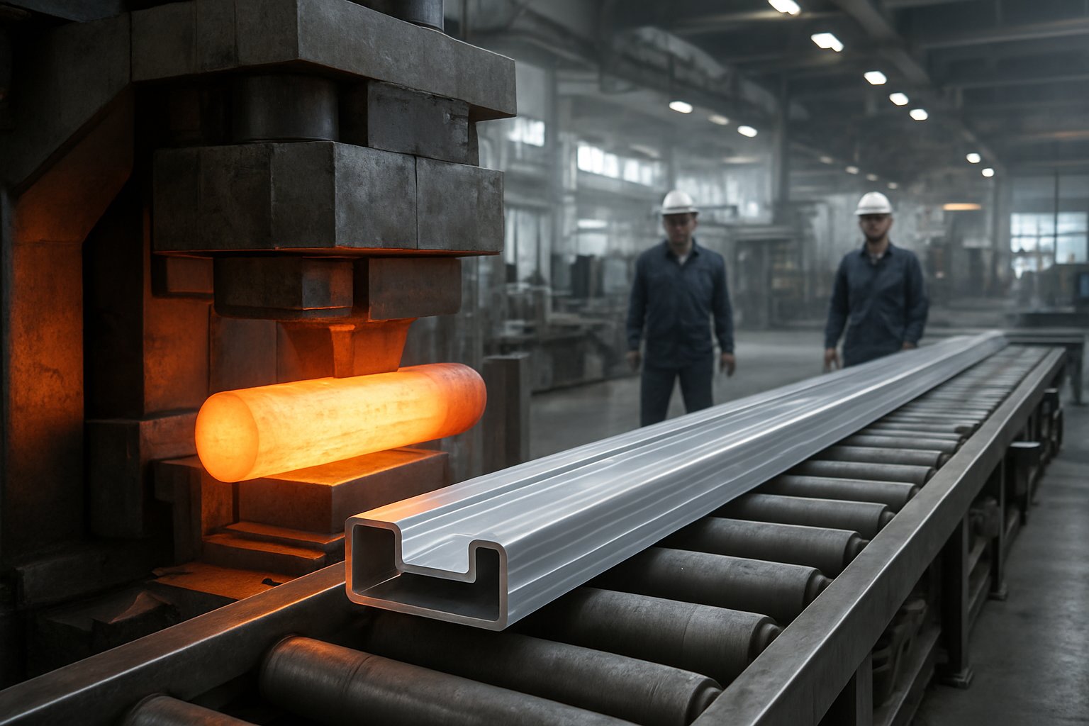 aluminium extrusion process from heated billet to emerging profile