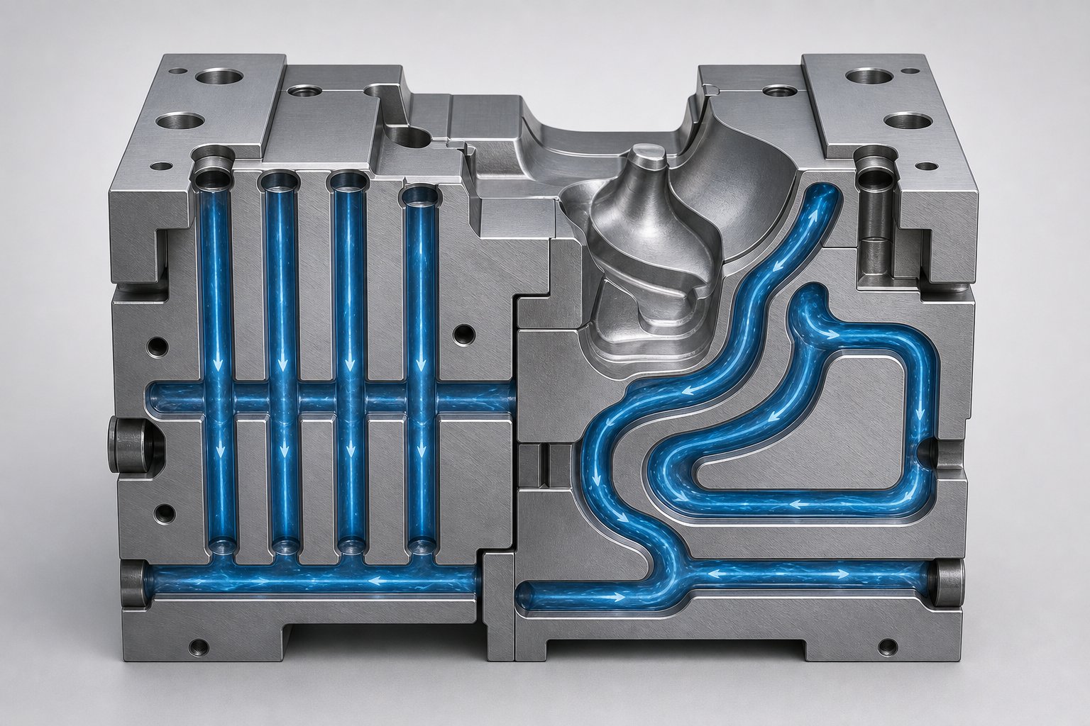 info-1-1 cross section comparison of conventional drilled cooling channels versus conformal channels that follow die surface geometry
