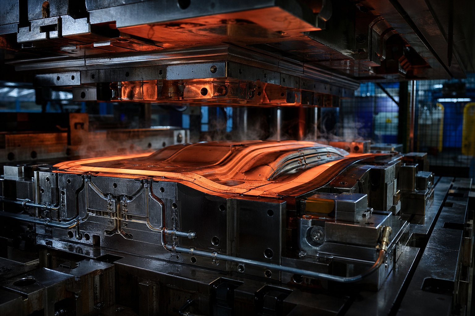 info-1-1 hot stamping die in an automotive press showing the thermal cycling environment that drives die wear and failure over production cycles