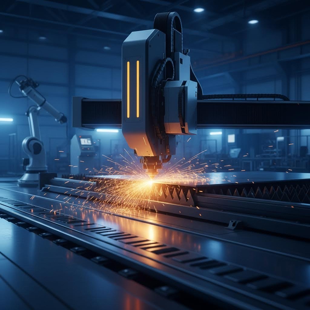 modern cnc laser cutting machine processing steel in an industrial fabrication facility